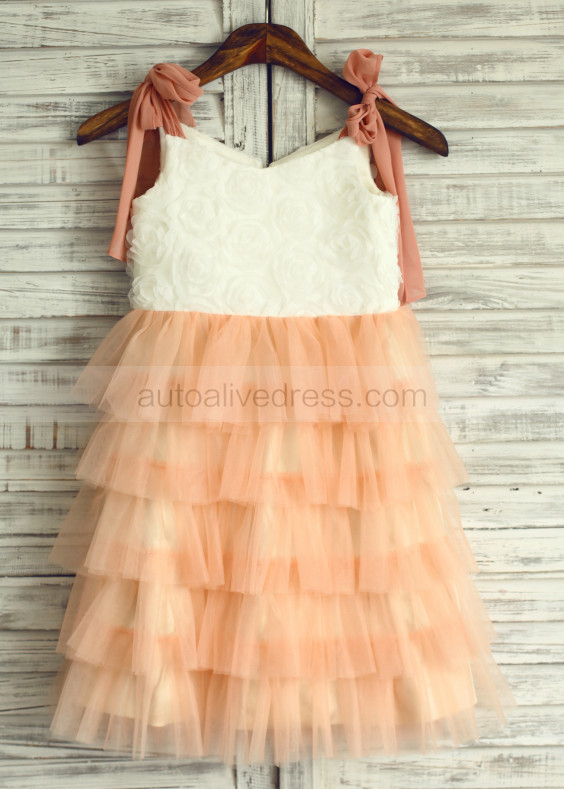 Ivory Rosette Champagne Tulle Cupcake Flower Girl Dress